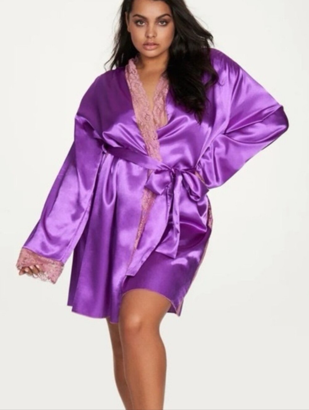 Luxury Frederick's of Hollywood Purple Satin Lace-Trim Wrap Robe